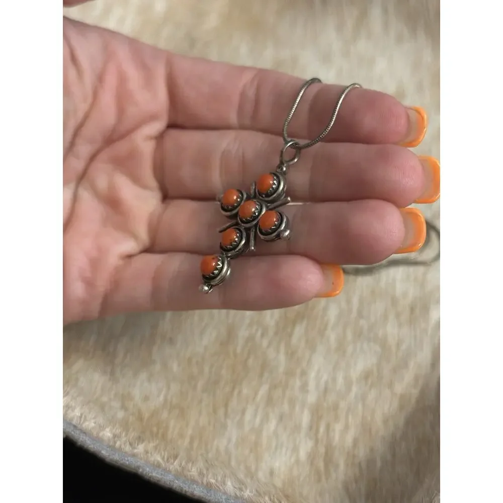 Native American Sterling Silver Turquoise Red Coral Reversible Cross Pendant 925
